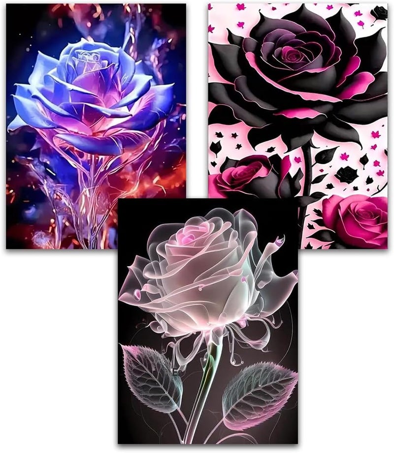 Tiwabb 3 Pack Rose Diamond Art Kits for Adults,Flower Diamond Painting Kits for Adults Beginners,5D Full Drill DIY Diamond Dot Gem Art Kit Wall Home Decor Arts Craft 12X16 inch - Image 1